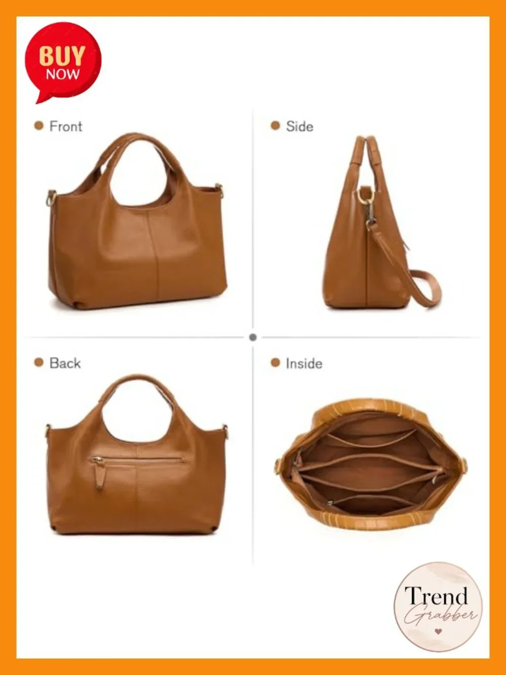 Genuine Leather Satchel Handbag with Top Handle, Detachable Strap, Ladies Purse